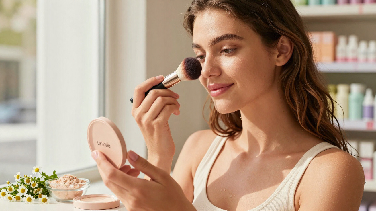 Mulher a aplicar maquilhagem com pincel e espelho num ambiente iluminado e com produtos ao fundo.