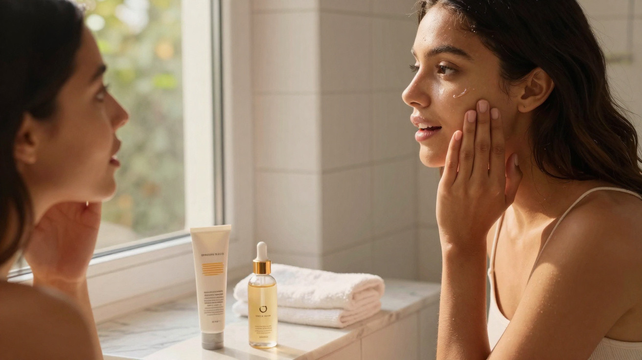 Mulher a aplicar creme facial, refletida num espelho numa casa de banho iluminada naturalmente.