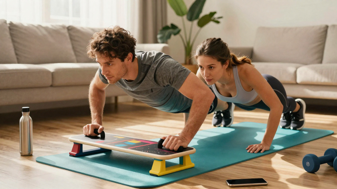 Casal a fazer exercício com prancha de equilíbrio no chão de sala de estar durante treino em casa.