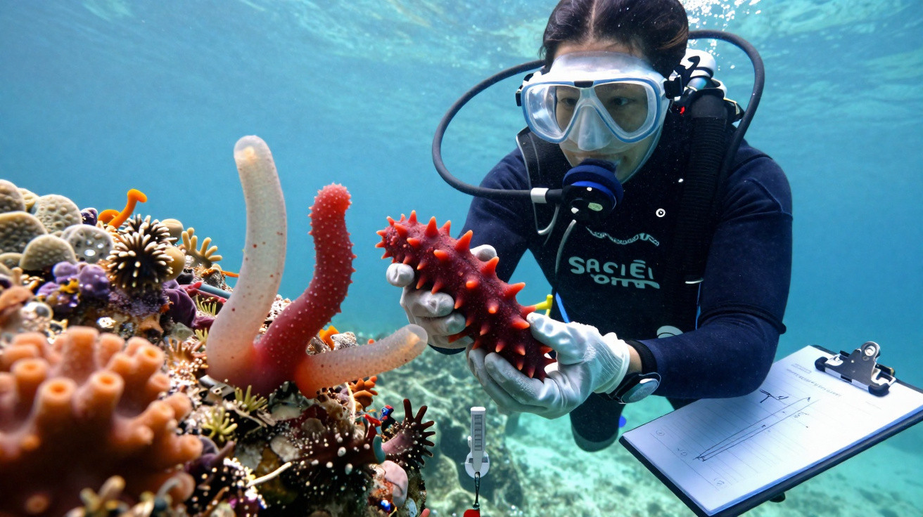 Mergulhador a examinar uma pepino do mar vermelha junto a recife colorido com prancheta subaquática.