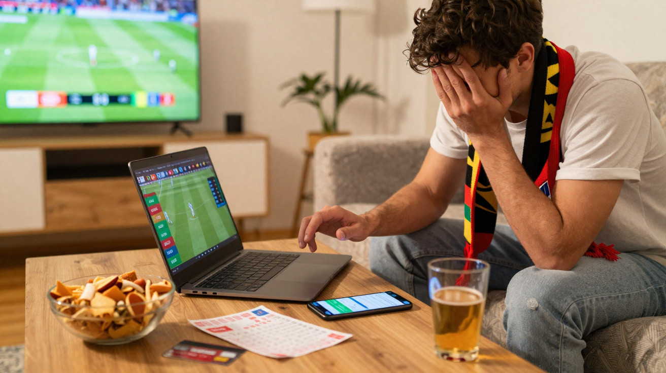 Homem triste com cachecol de futebol cobre o rosto enquanto acompanha jogo no laptop e televisão.