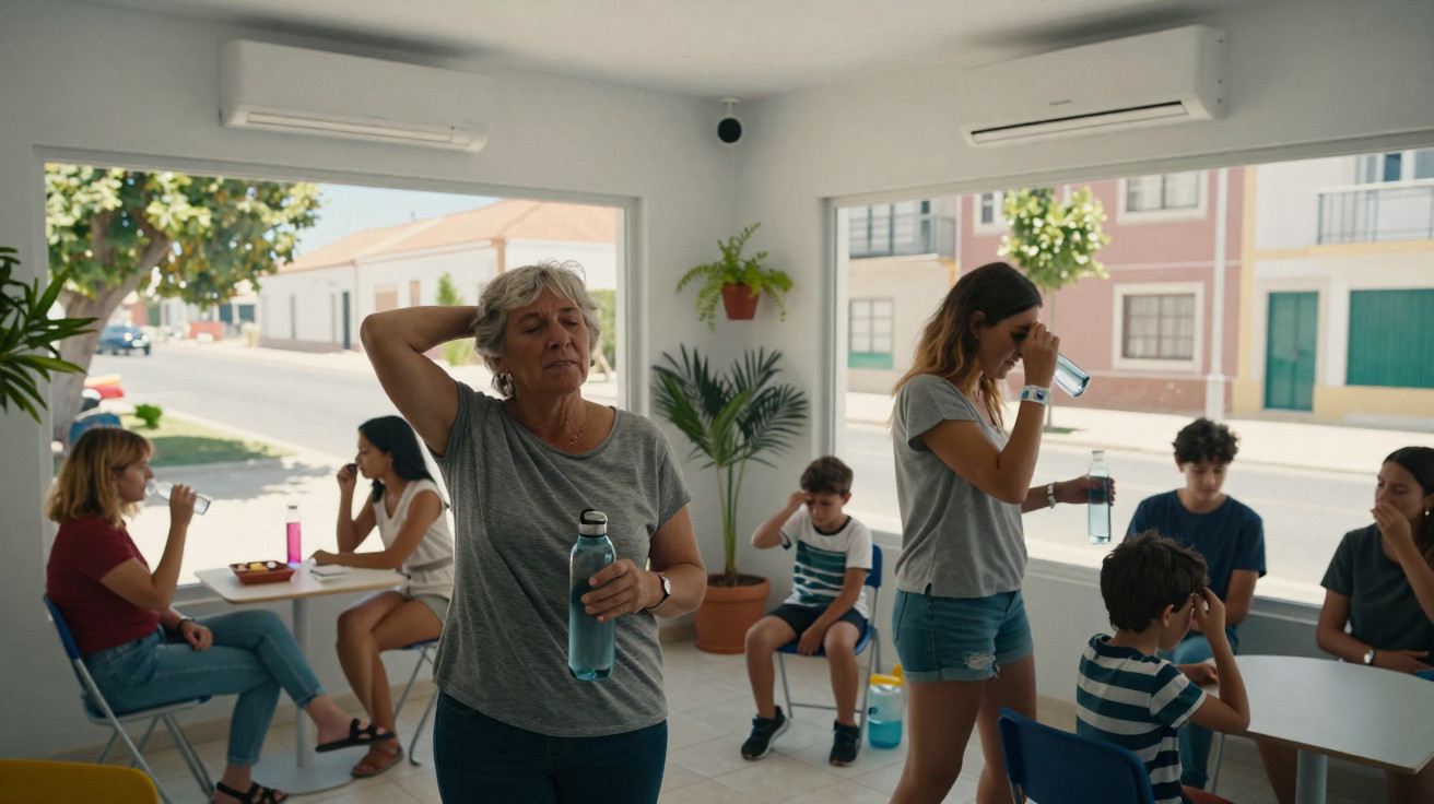 Grupo de pessoas de várias idades num espaço interior claro, algumas a beber água e outras a conversar.