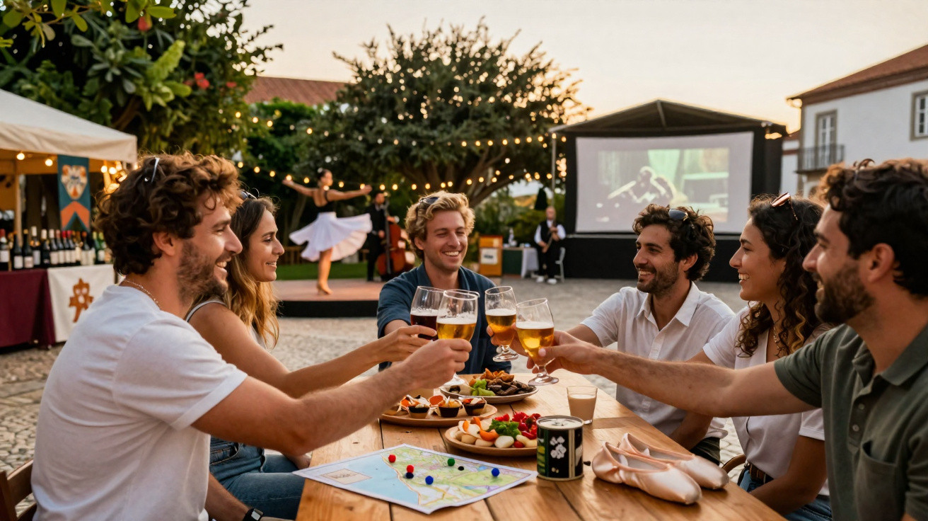 Grupo de amigos a brindar com cerveja numa mesa exterior durante evento ao pôr do sol.
