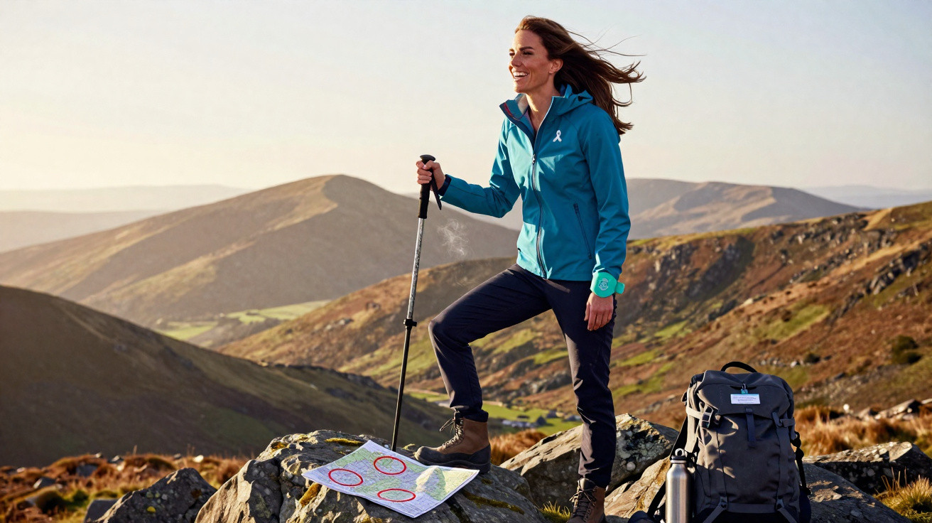 Mulher sorridente de azul com bastão de caminhada, mapa no chão e mochila em paisagem montanhosa.