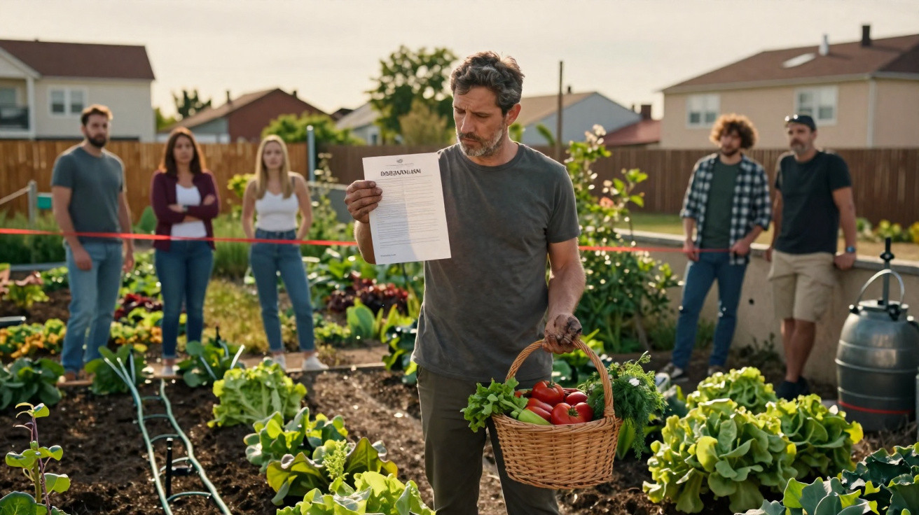 Homem com cesta de legumes lê documento num jardim comunitário, com cinco pessoas observando ao fundo.