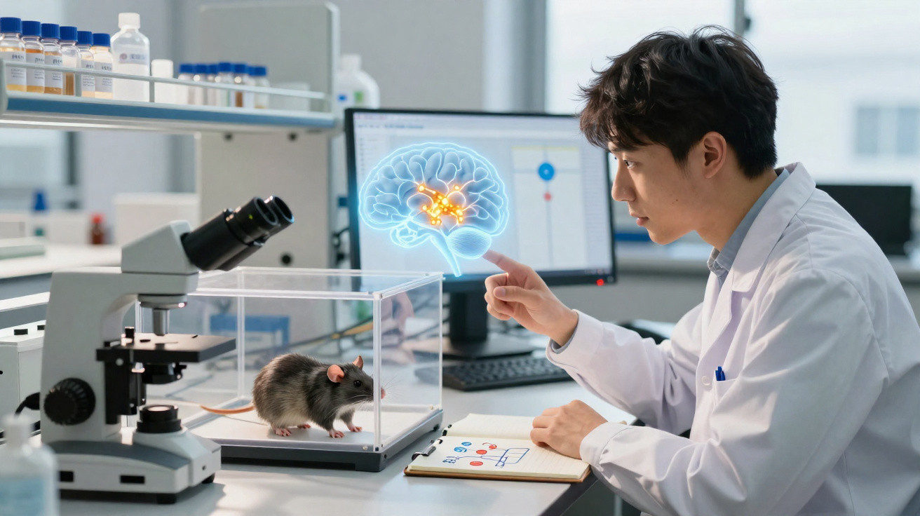 Cientista a estudar rato num laboratório com representação digital do cérebro humano no ecrã.