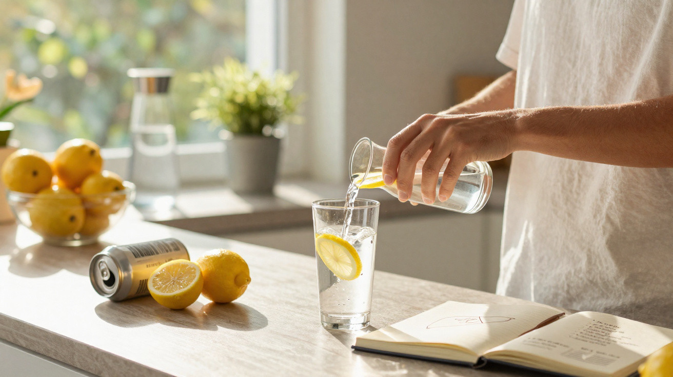 Pessoa a servir água num copo com uma rodela de limão numa cozinha iluminada pela luz natural.