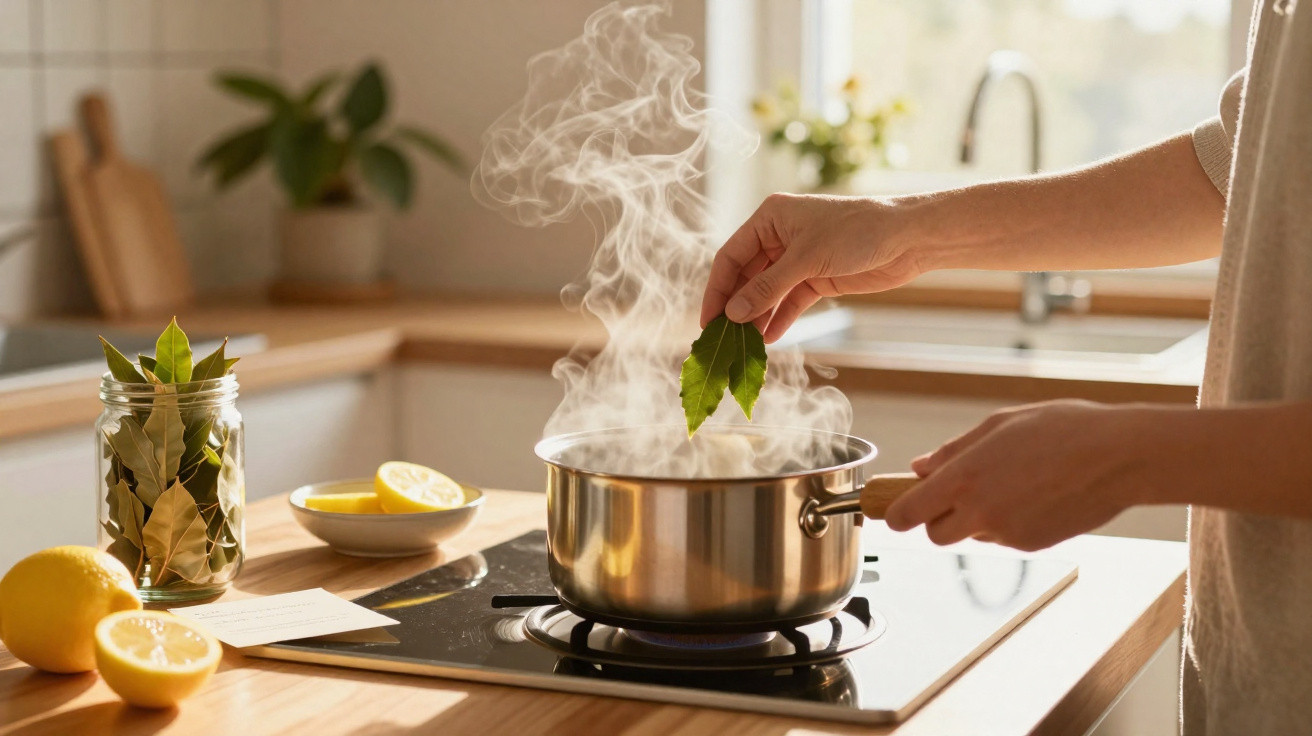 Mãos adicionam folhas a uma panela a ferver num fogão, com limões e ervas na bancada da cozinha.