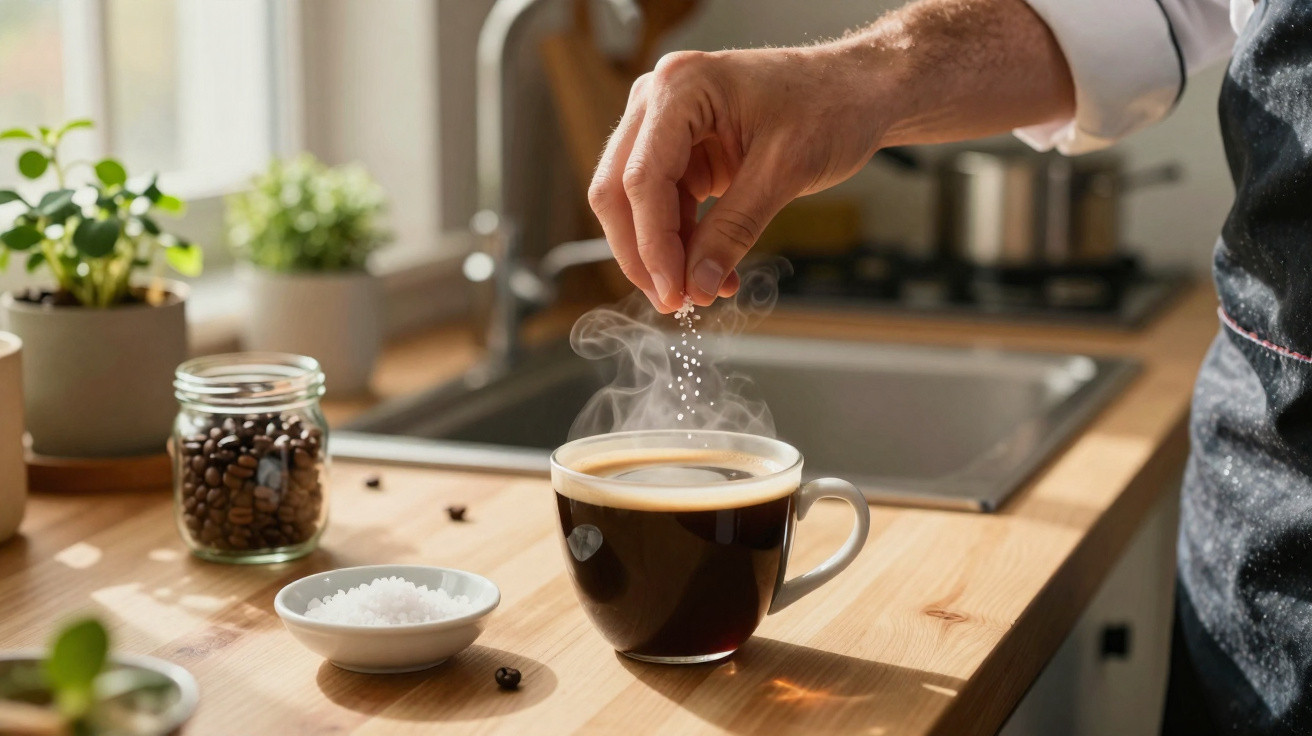 Mão a polvilhar açúcar numa chávena de café quente numa cozinha com coadores e plantas em fundo desfocado.