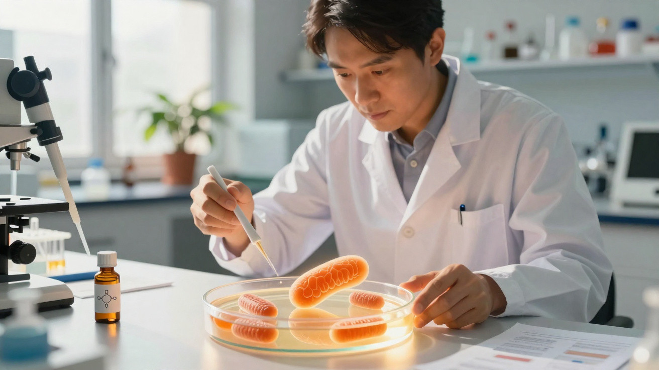 Cientista em laboratório a analisar bactérias ampliadas numa placa de Petri com pipeta.
