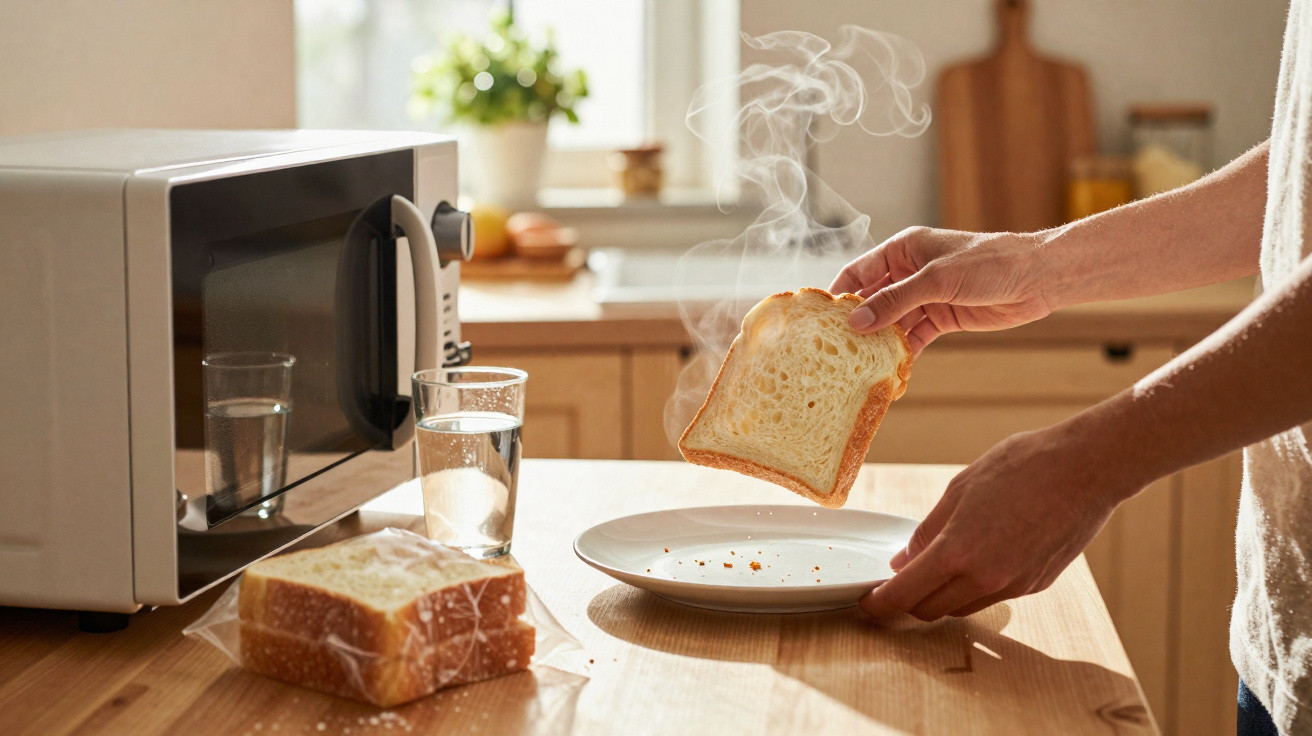 Mãos seguram uma fatia de pão quente a sair do micro-ondas numa cozinha iluminada.