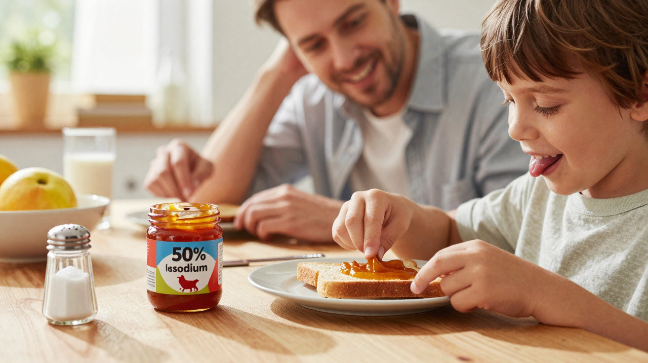 Menino a espalhar compota numa fatia de pão, com homem sorridente ao fundo numa mesa de cozinha.