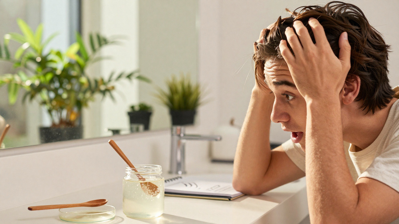 Jovem a olhar para um frasco com gel ou cera para cabelo com expressão de surpresa no banheiro.
