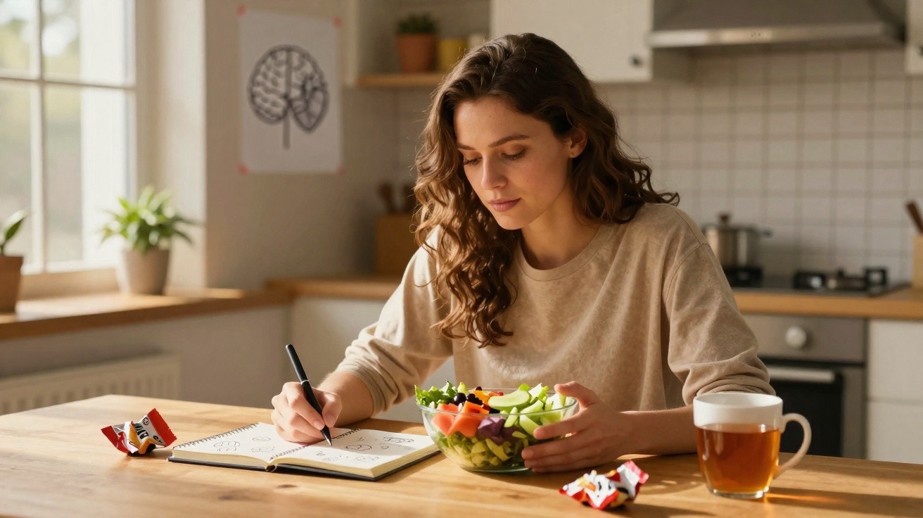 Mulher sentada à mesa, escrevendo num caderno e comendo uma salada numa cozinha iluminada.