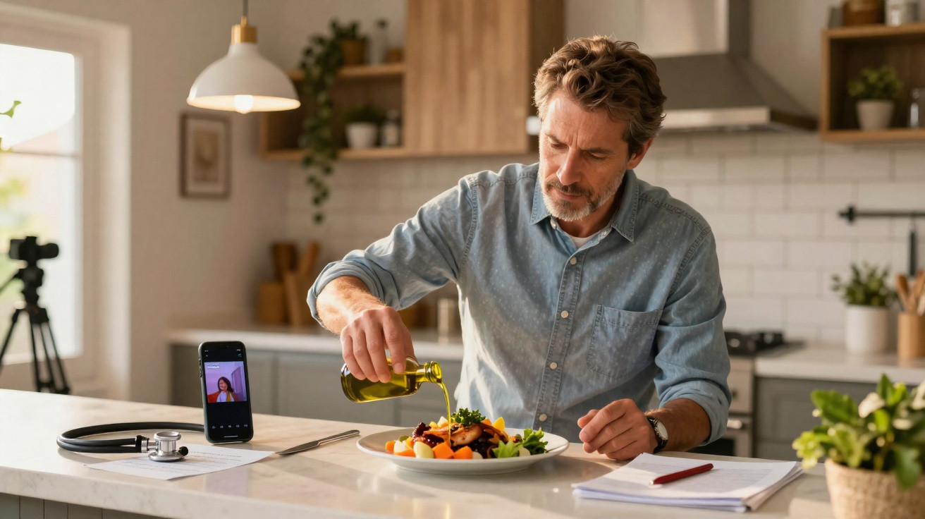 Homem numa cozinha a temperar uma salada enquanto segue uma videochamada no telemóvel.