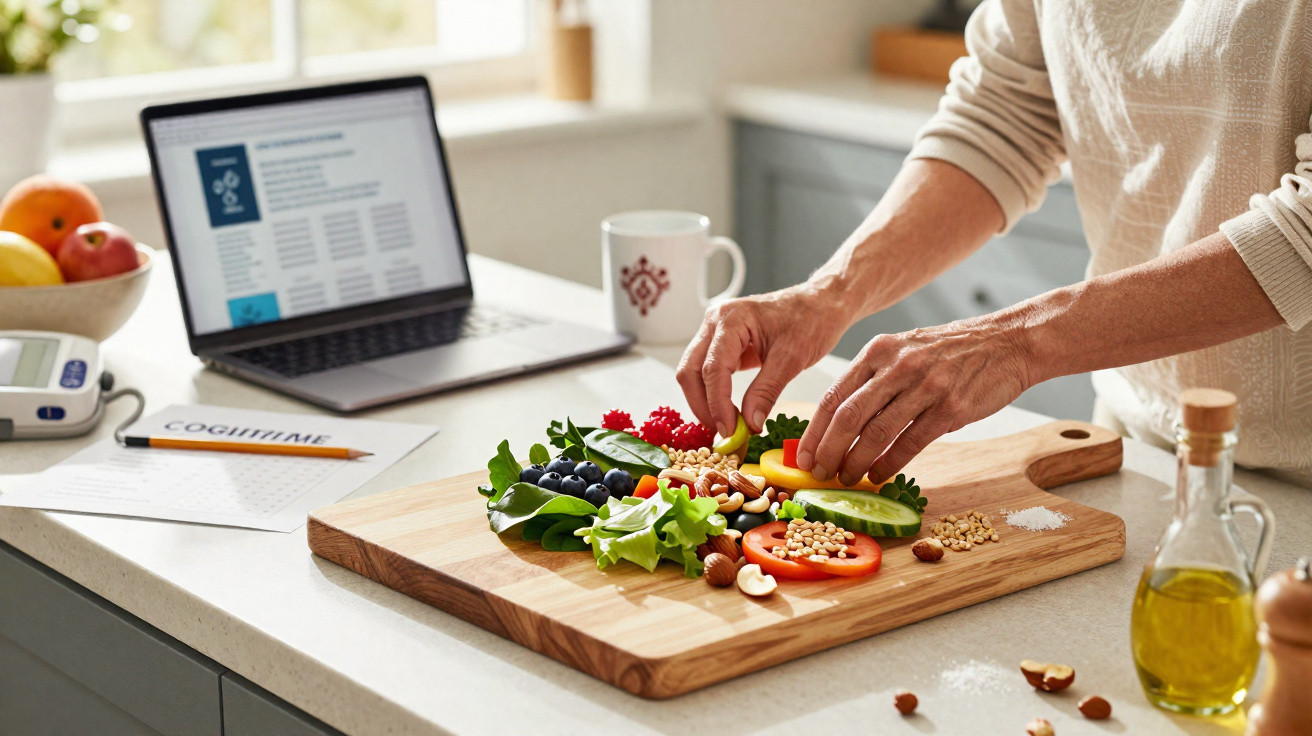 Pessoa a preparar salada saudável numa bancada de cozinha com computador portátil aberto e utensílios à volta.