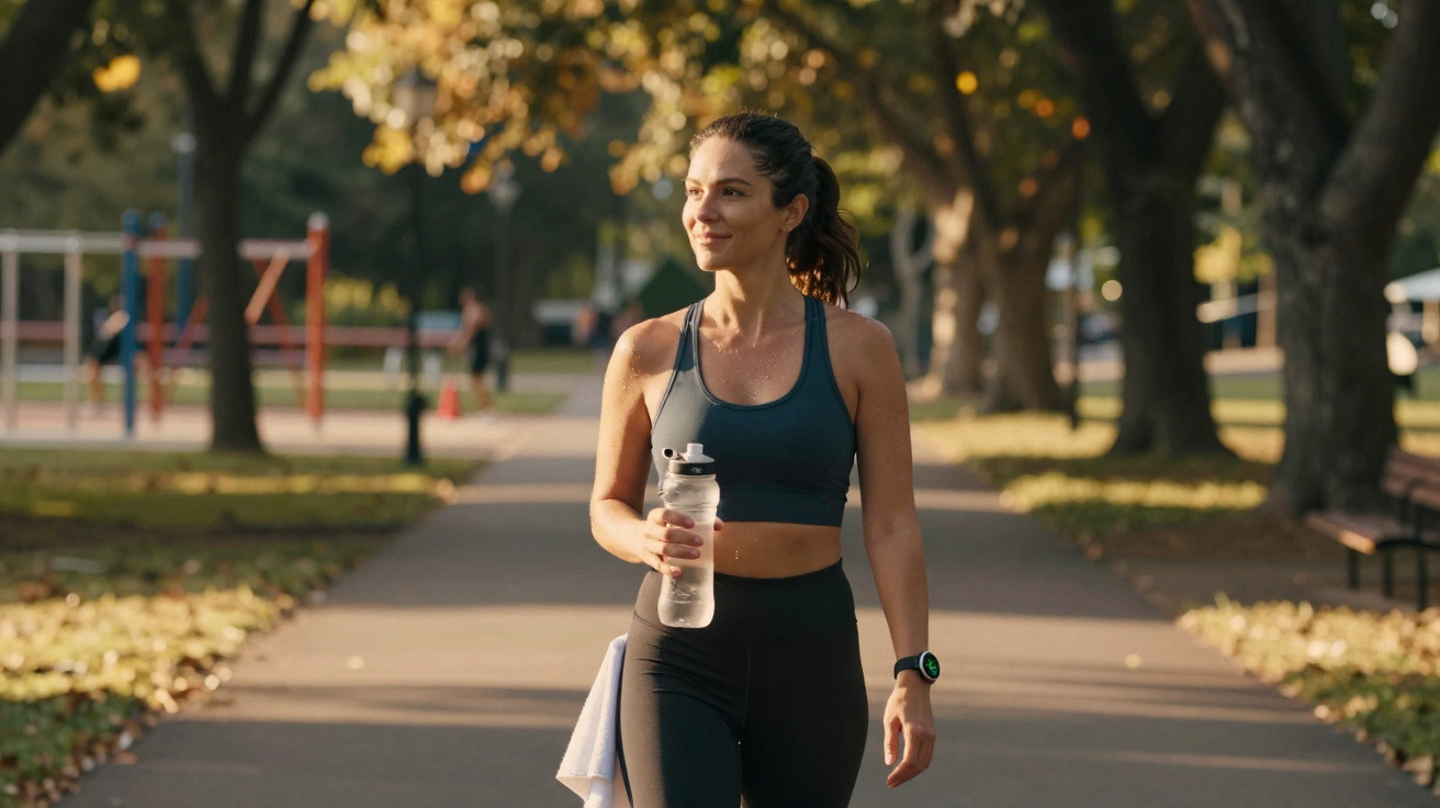 Mulher em roupa desportiva a caminhar num parque com garrafa de água e sorriso tranquilo ao amanhecer.