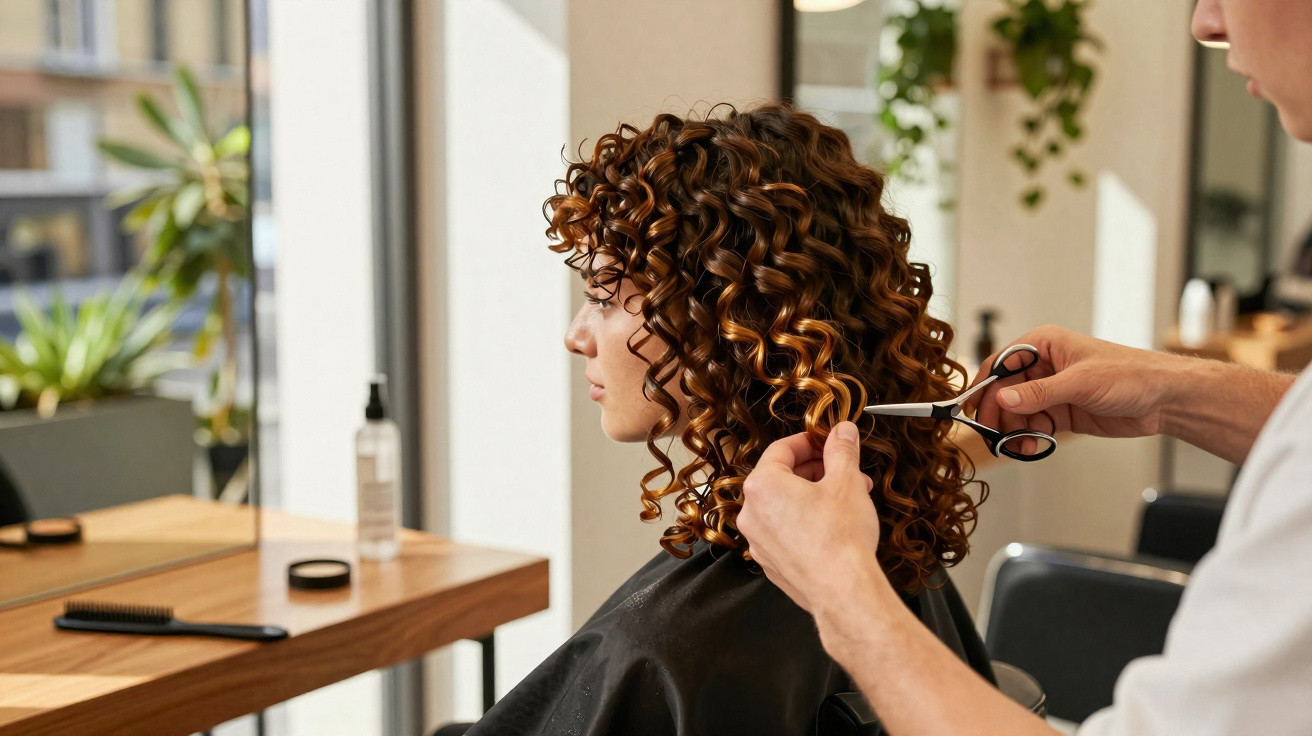 Mulher com cabelo encaracolado a receber corte de cabelo num salão de beleza.