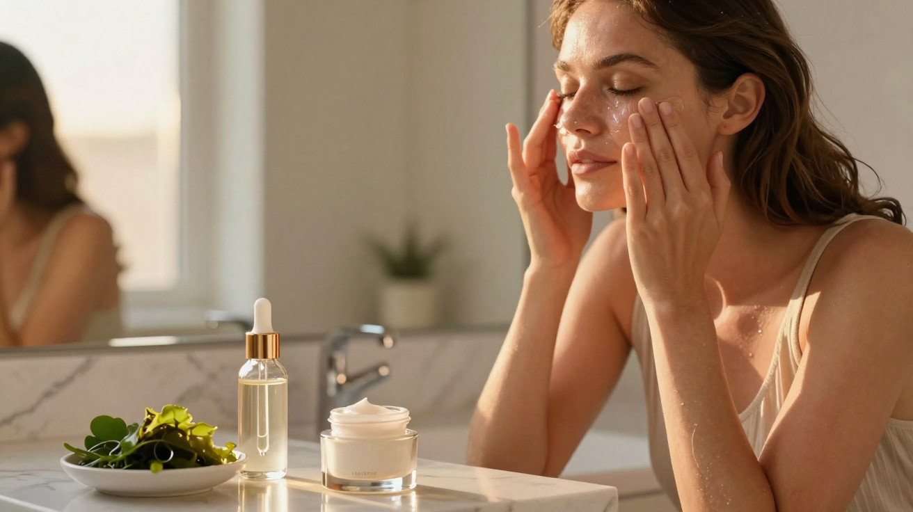Mulher a aplicar creme hidratante no rosto numa casa de banho com luz natural suave.