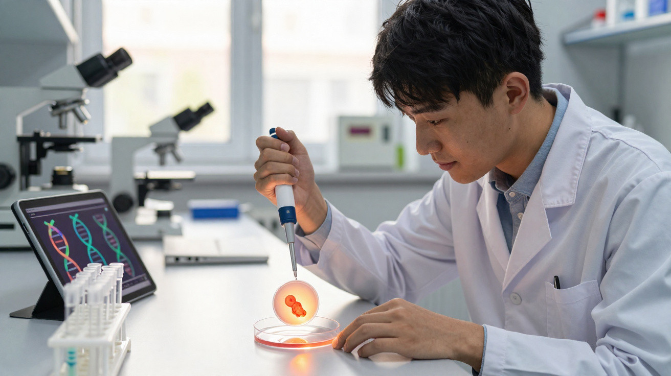 Cientista a trabalhar com pipeta e amostra em placa de Petri num laboratório moderno com microscópio e ecrã digital.