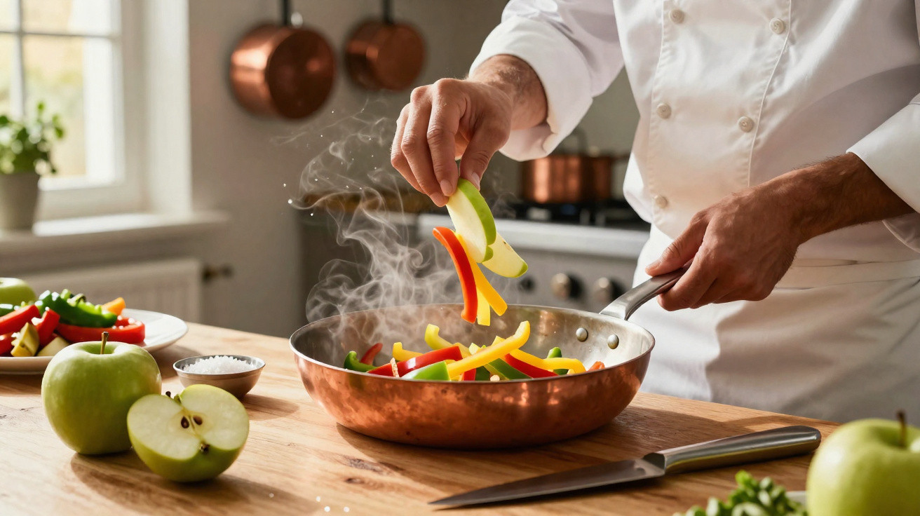 Chef a preparar legumes e maçã numa frigideira cobre numa cozinha iluminada e moderna.