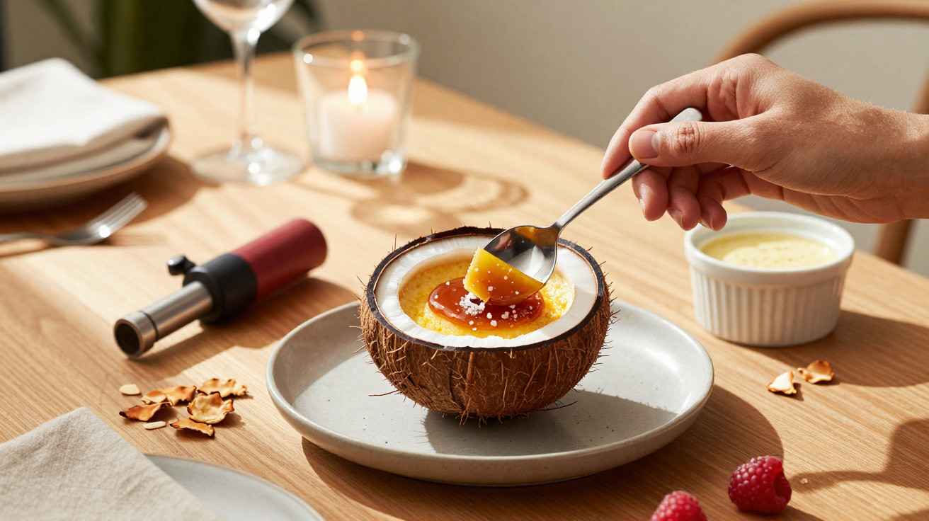 Sobremesa servida em meio coco com caramelo, com mão a levantar colher, numa mesa com vinho e velas.