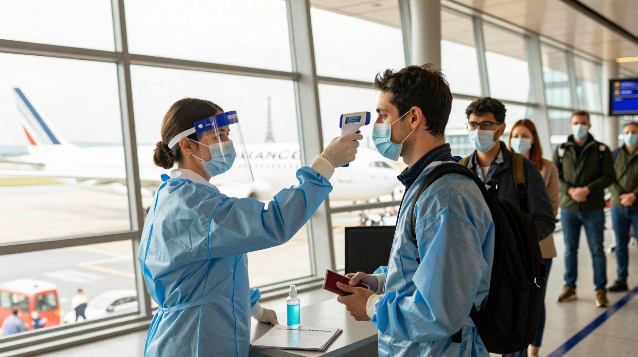 Funcionária de saúde mede temperatura a passageiro com máscara num aeroporto, com fila de espera ao fundo.