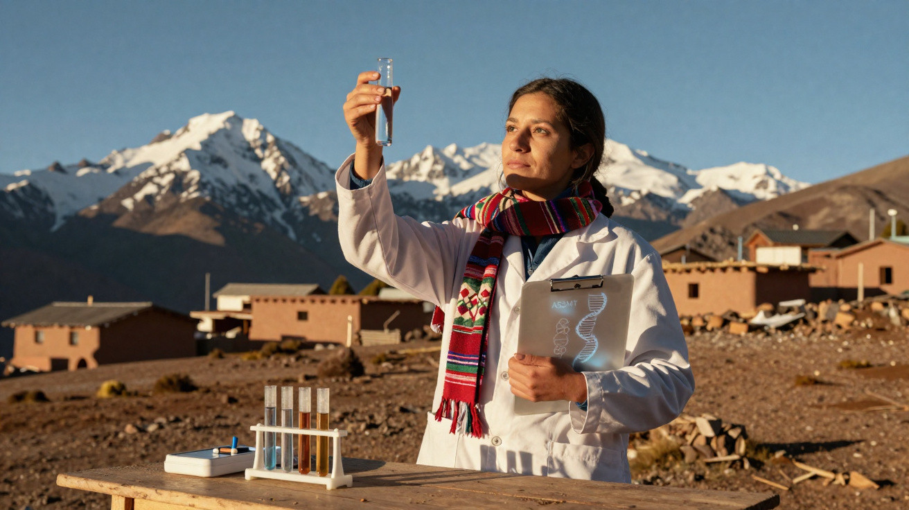 Cientista mulher observa tubo de ensaio ao ar livre com montanhas nevadas ao fundo e laboratório improvisado.