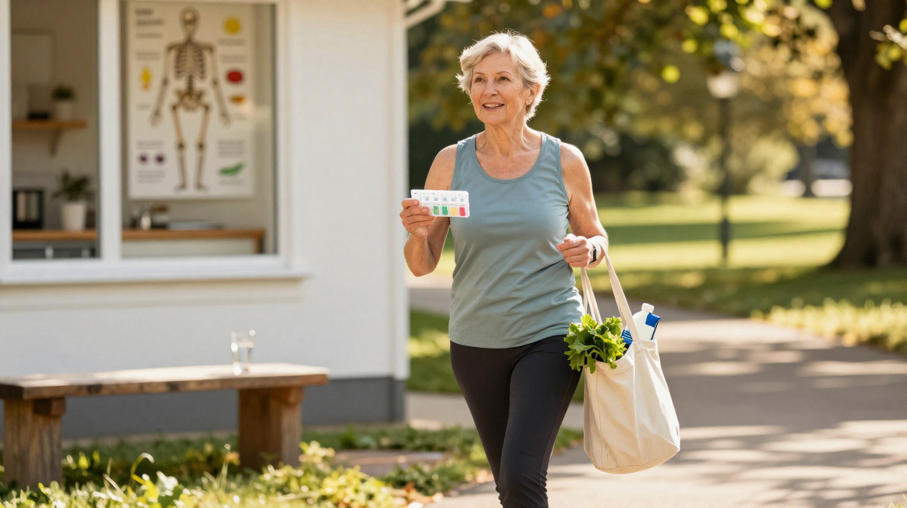 Mulher idosa sorridente a caminhar ao ar livre, segurando uma bolsa com legumes e uma tabela de cores.