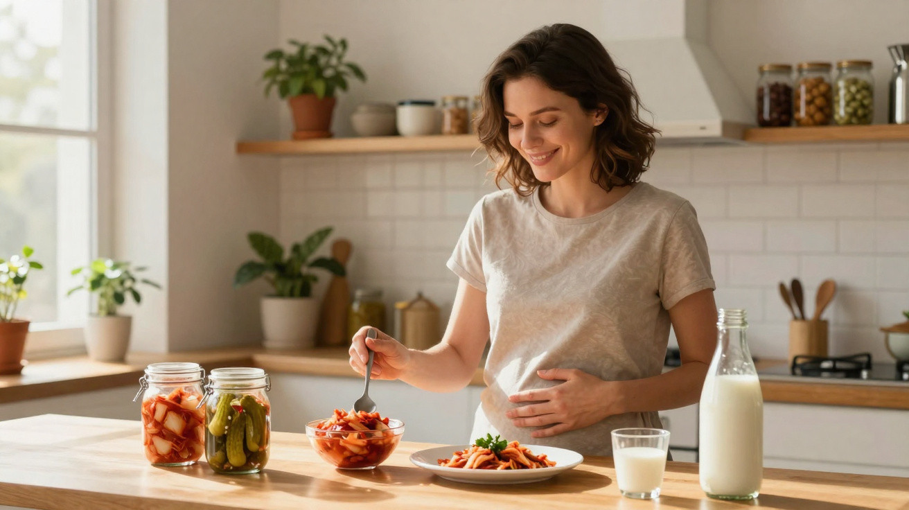 Mulher grávida a sorrir enquanto serve massa num prato numa cozinha iluminada e moderna.