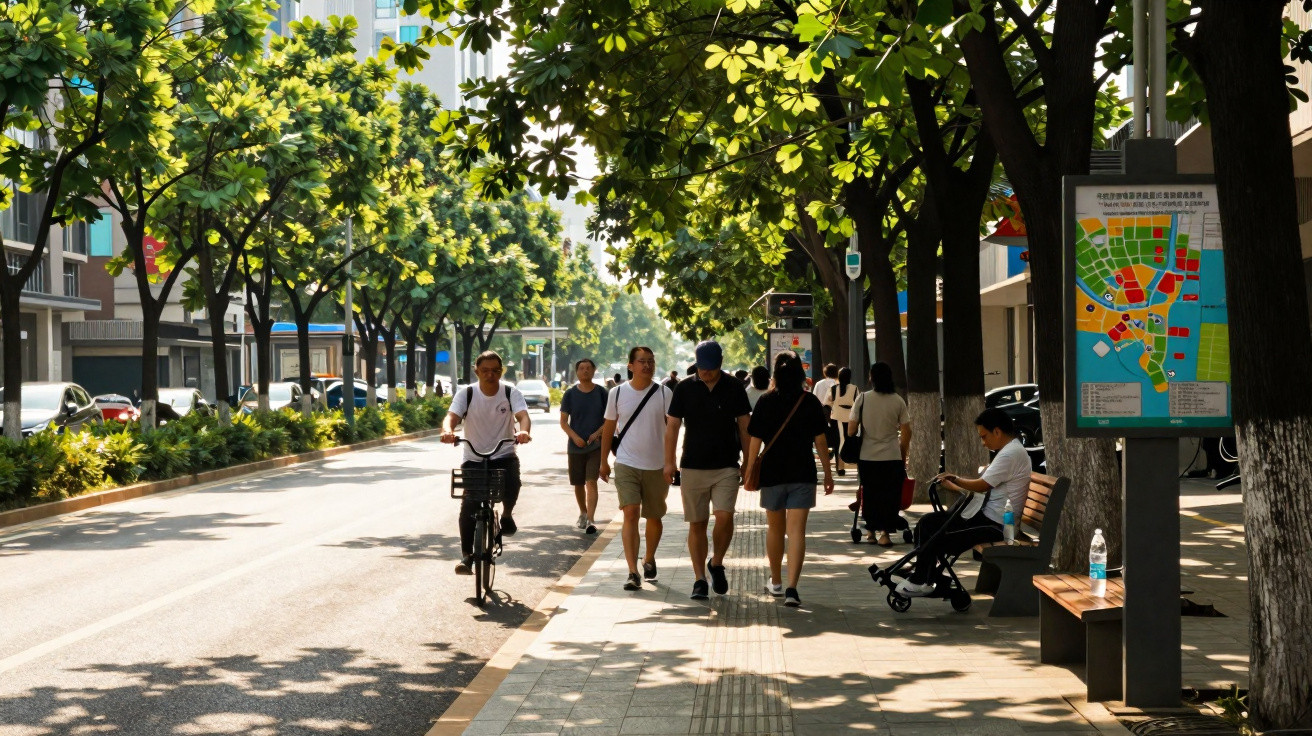 Rua urbana com árvores, pessoas a caminhar, ciclista e banco com mapa de ruas ao lado.