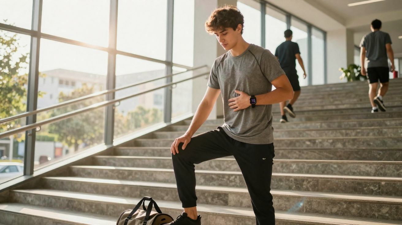Jovem com roupa desportiva faz pausa a apoiar-se numa mochila numa escadaria iluminada por luz natural.