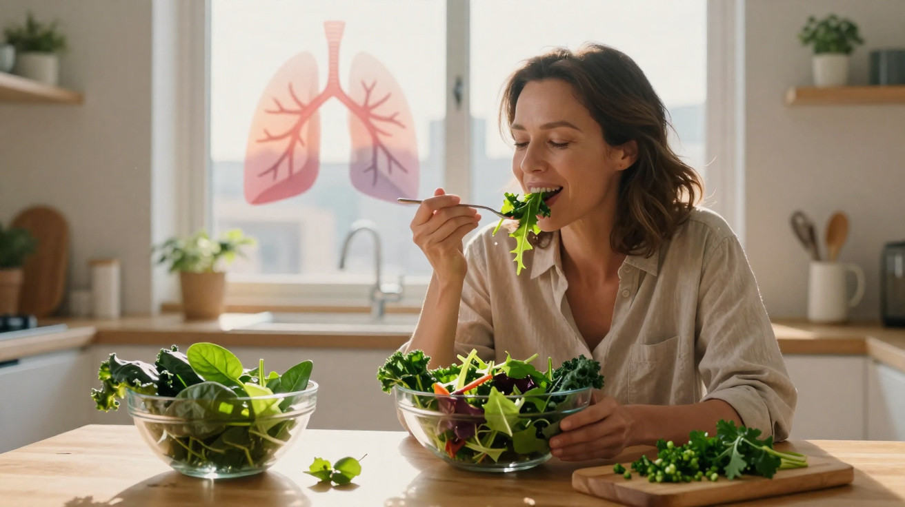 Mulher a comer salada verde numa cozinha iluminada, com ilustração de pulmões na janela ao fundo.