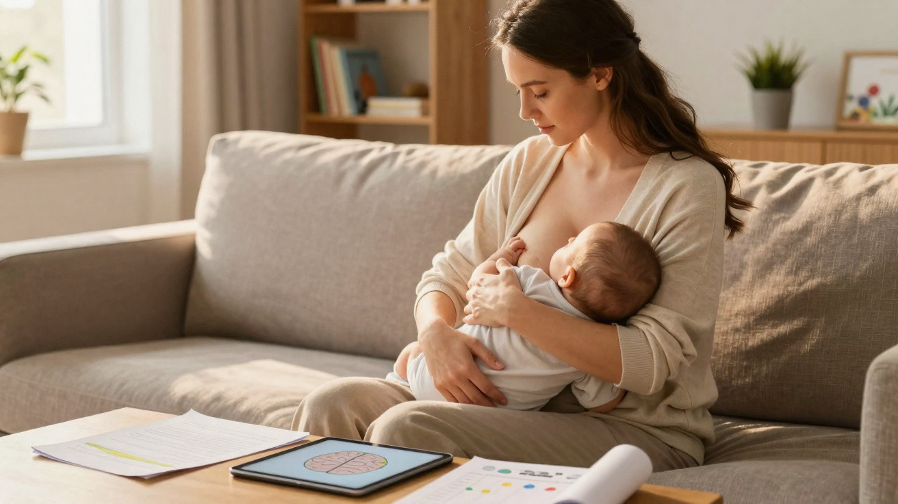 Mãe amamenta bebé sentada num sofá, rodeada de papéis e tablet numa sala iluminada.