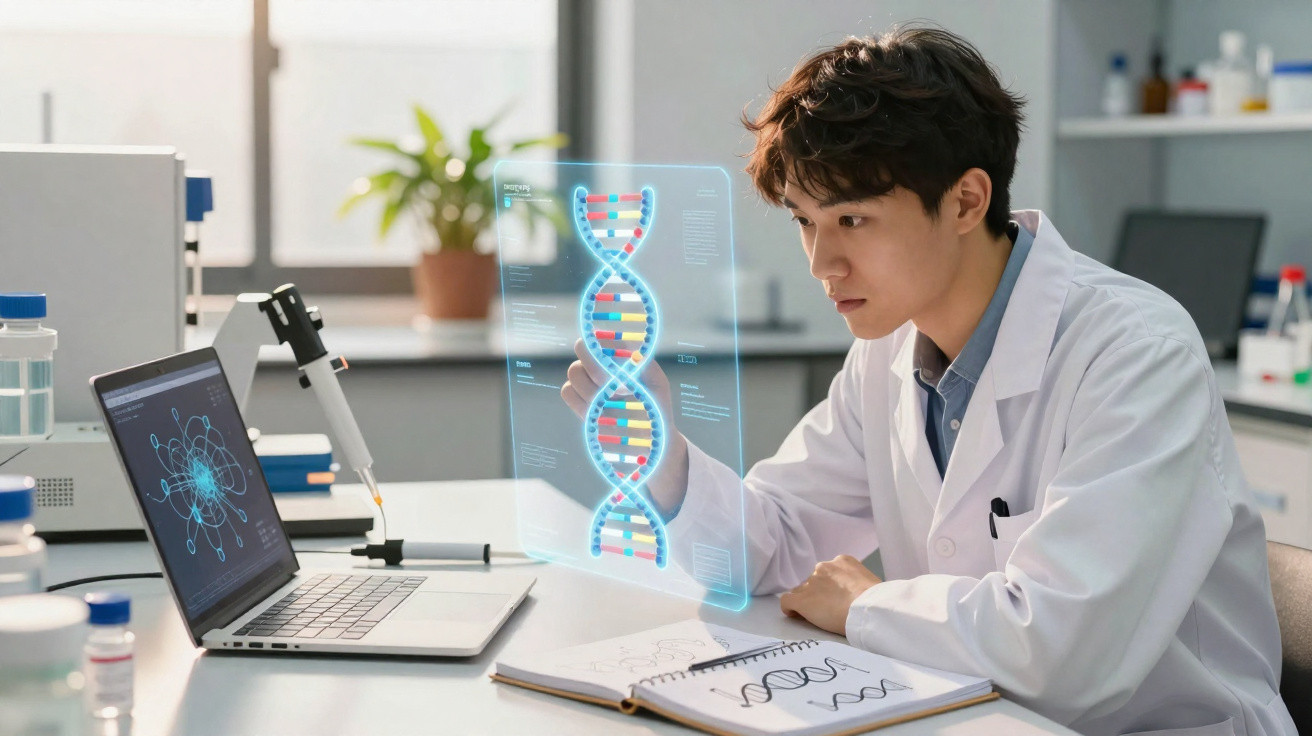 Cientista a analisar modelo digital 3D de DNA numa bancada de laboratório com computador e caderno aberto.