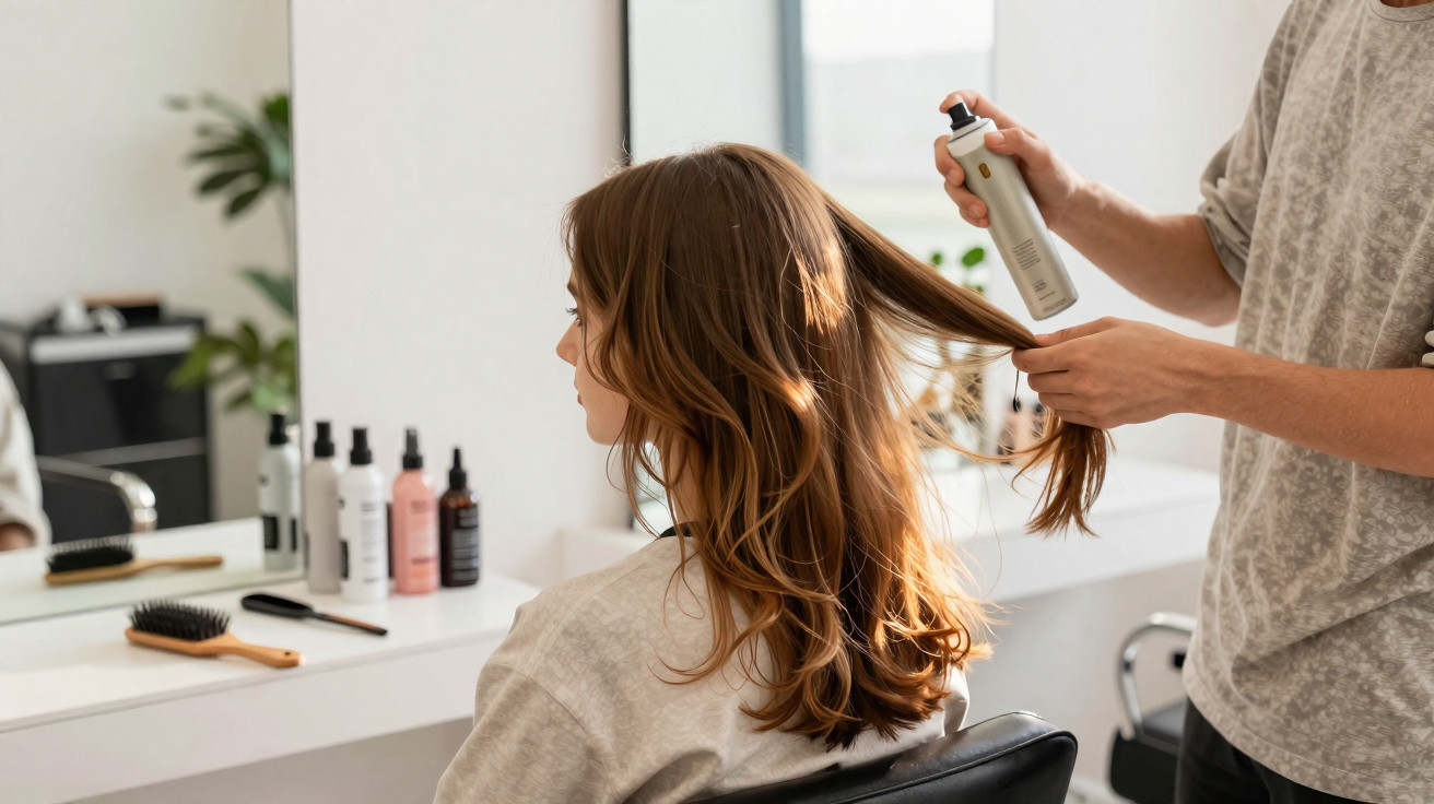 Pessoa a aplicar spray capilar no cabelo de mulher sentada em cadeira num salão de beleza.