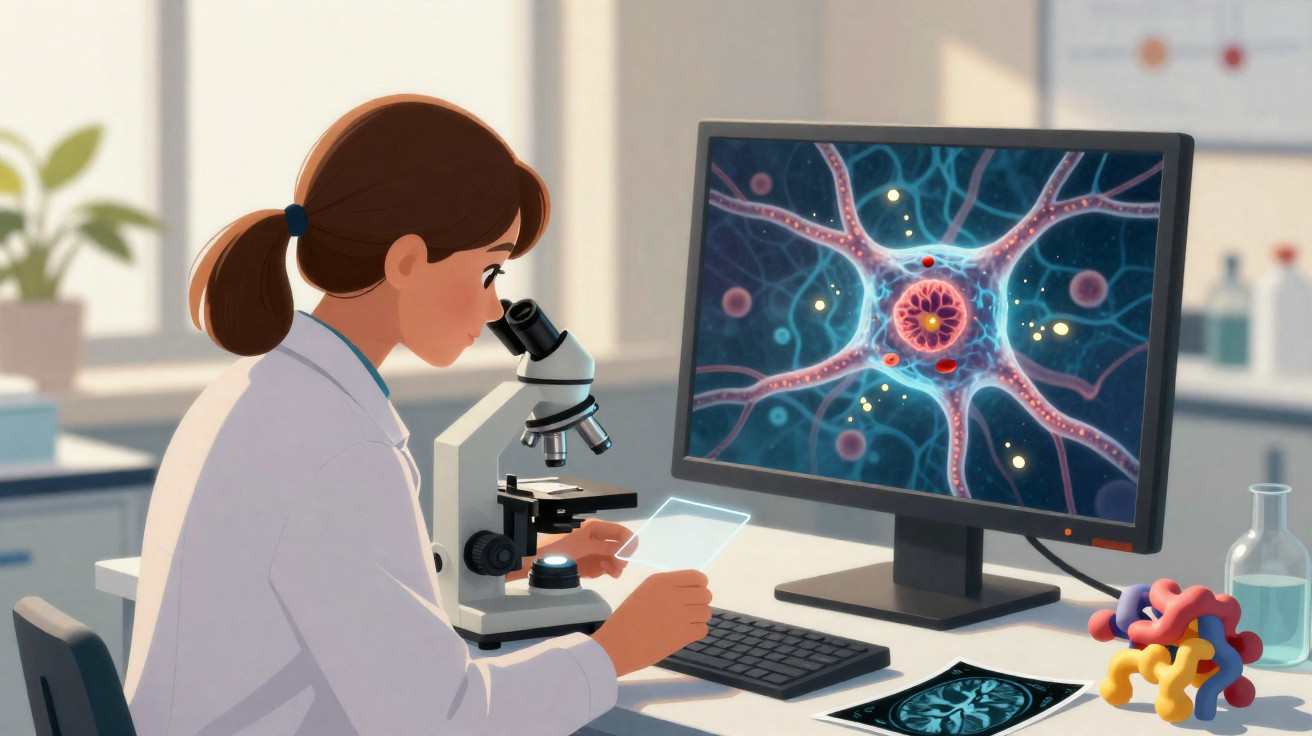 Mulher cientista analisa amostra ao microscópio com imagem de neurónio no ecrã do computador.