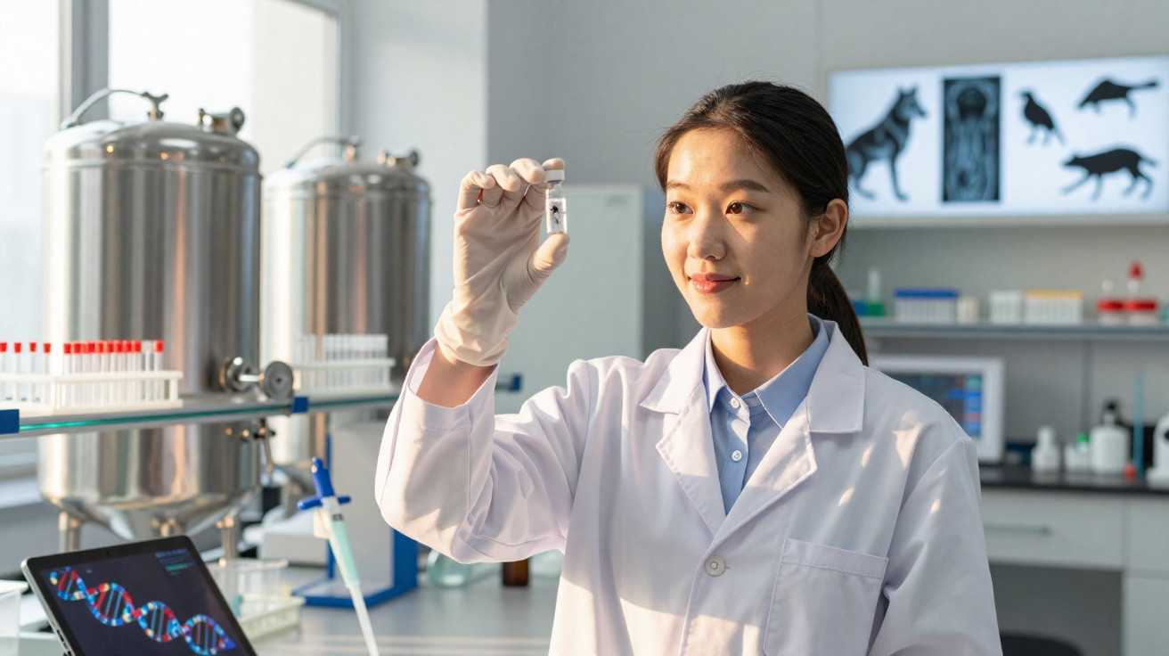 Cientista em laboratório a analisar amostra em tubo de ensaio com equipamento de biotecnologia.