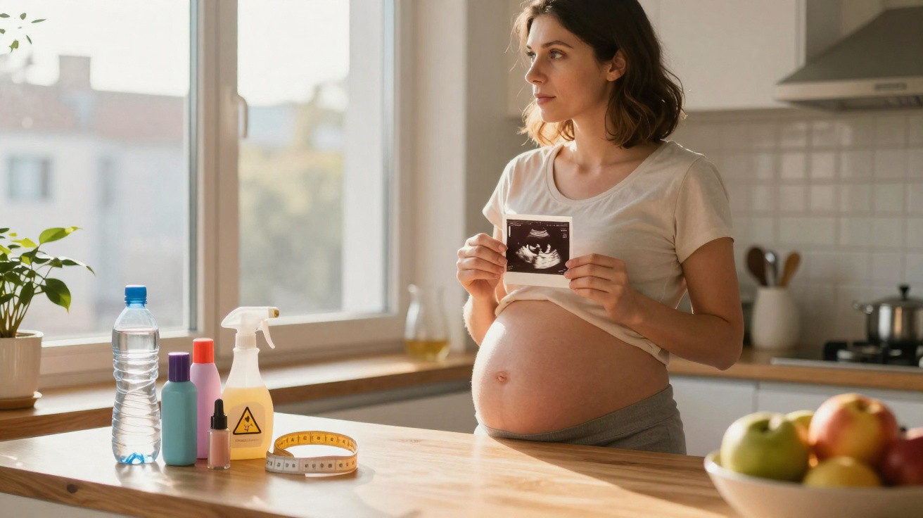 Mulher grávida segura ecografia, olhando pela janela numa cozinha com produtos domésticos na mesa.