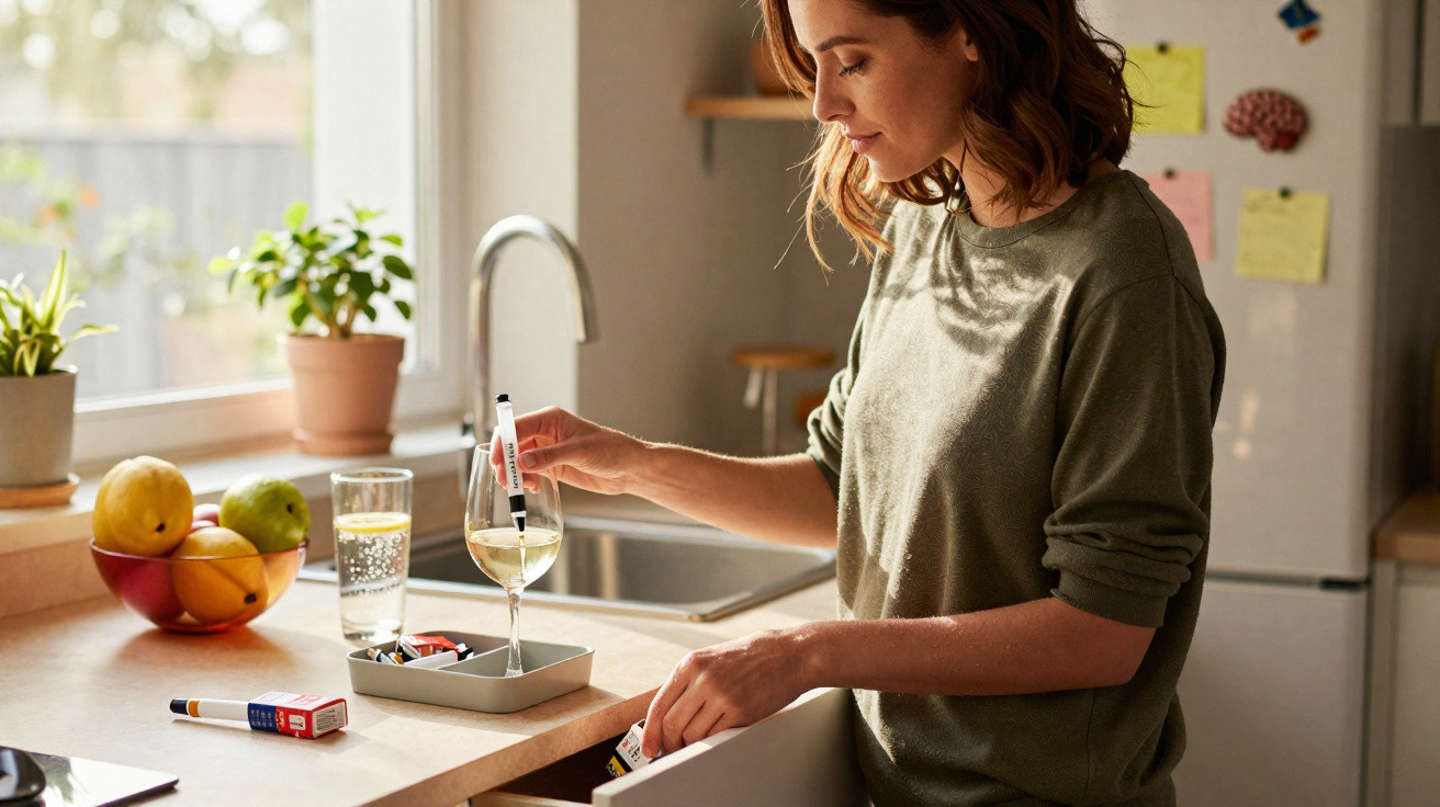 Mulher a medir glicose no sangue com aparelho de medição na cozinha luminosa.