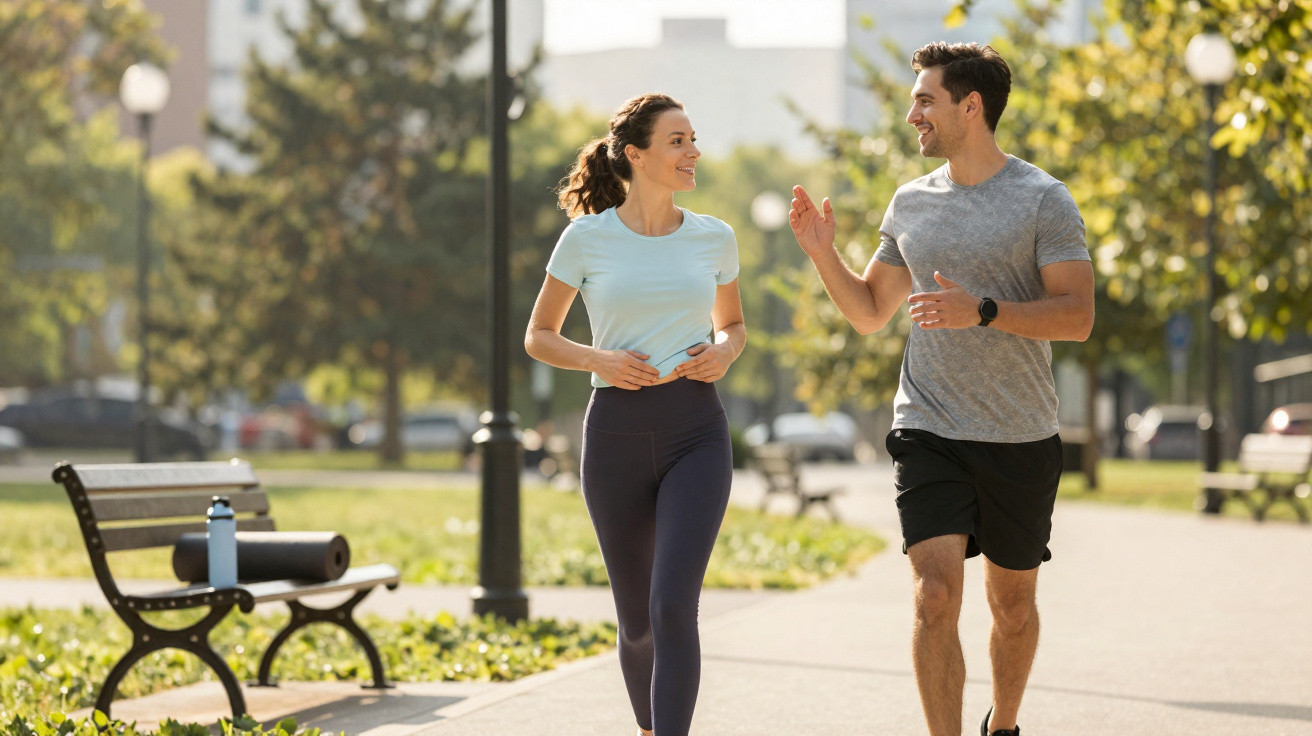 Casal jovem a correr e conversar num parque com árvores e bancos ao fundo em dia soalheiro.