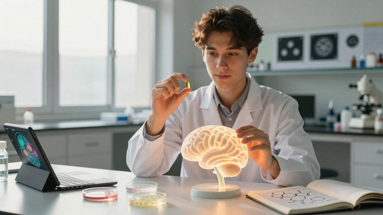 Jovem cientista em laboratório examina cápsula com modelo iluminado do cérebro numa mesa com livros e tablet.