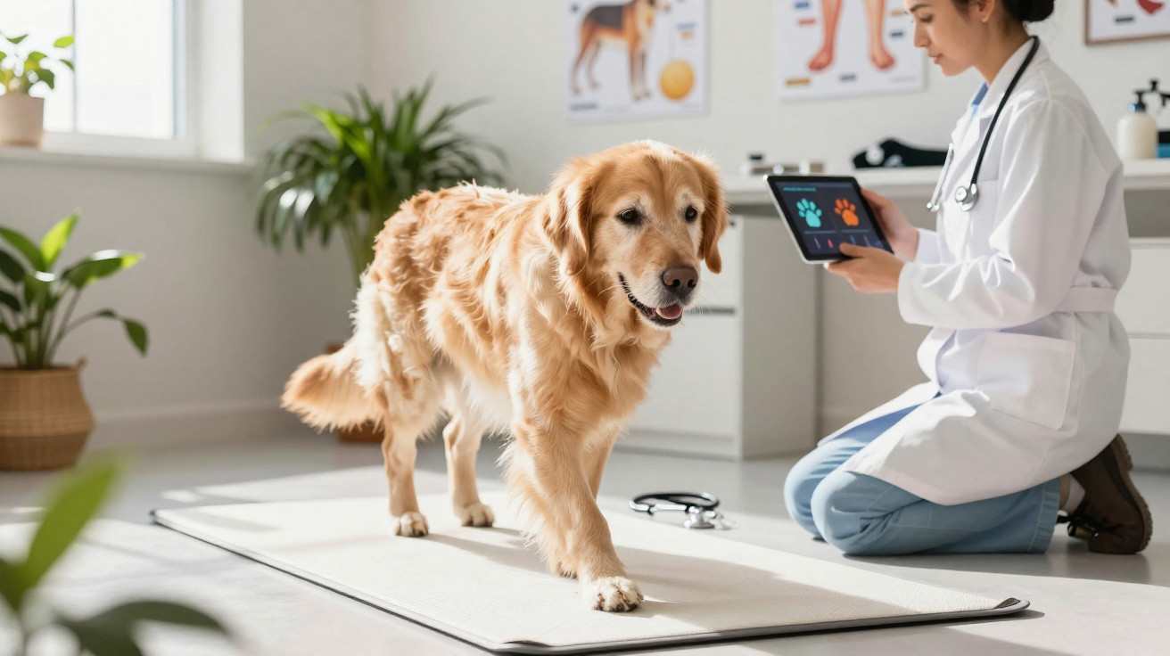 Cão dourado numa clínica veterinária com a veterinária a usar um tablet ao lado.