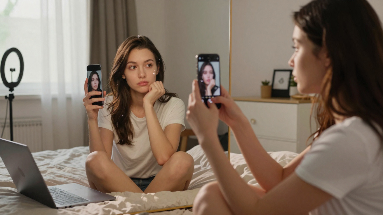 Jovem sentada na cama a tirar selfie com telemóvel, refletida no espelho, laptop aberto ao lado.
