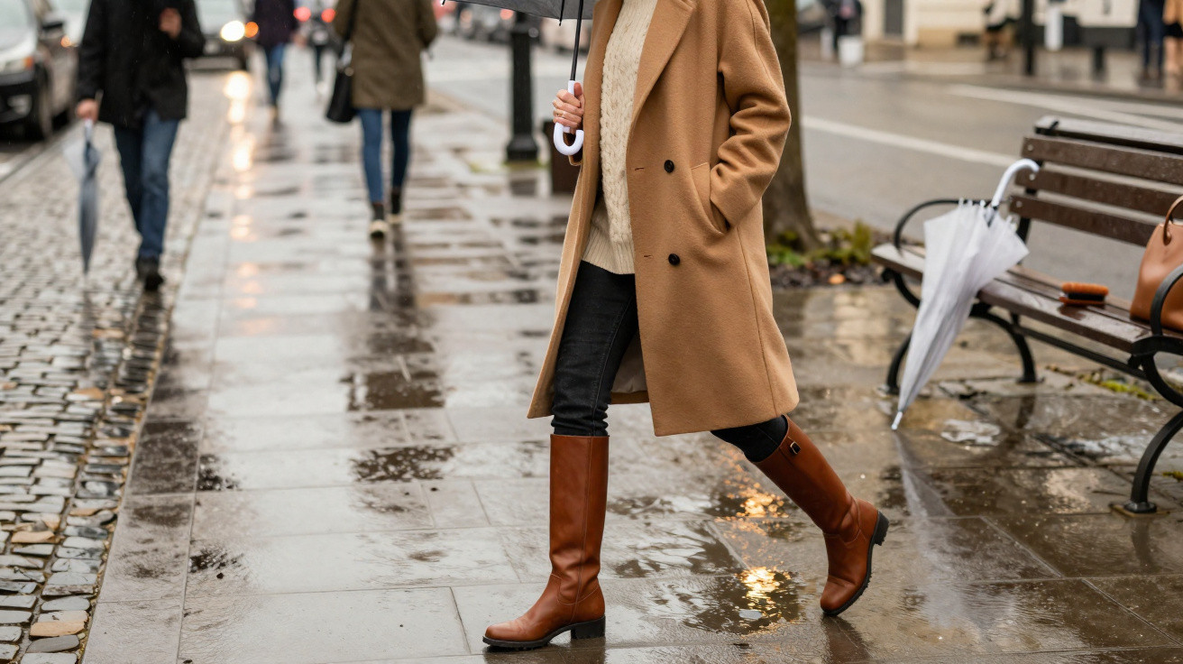 Pessoa com casaco castanho e botas a andar numa calçada molhada com guarda-chuva aberto na mão.