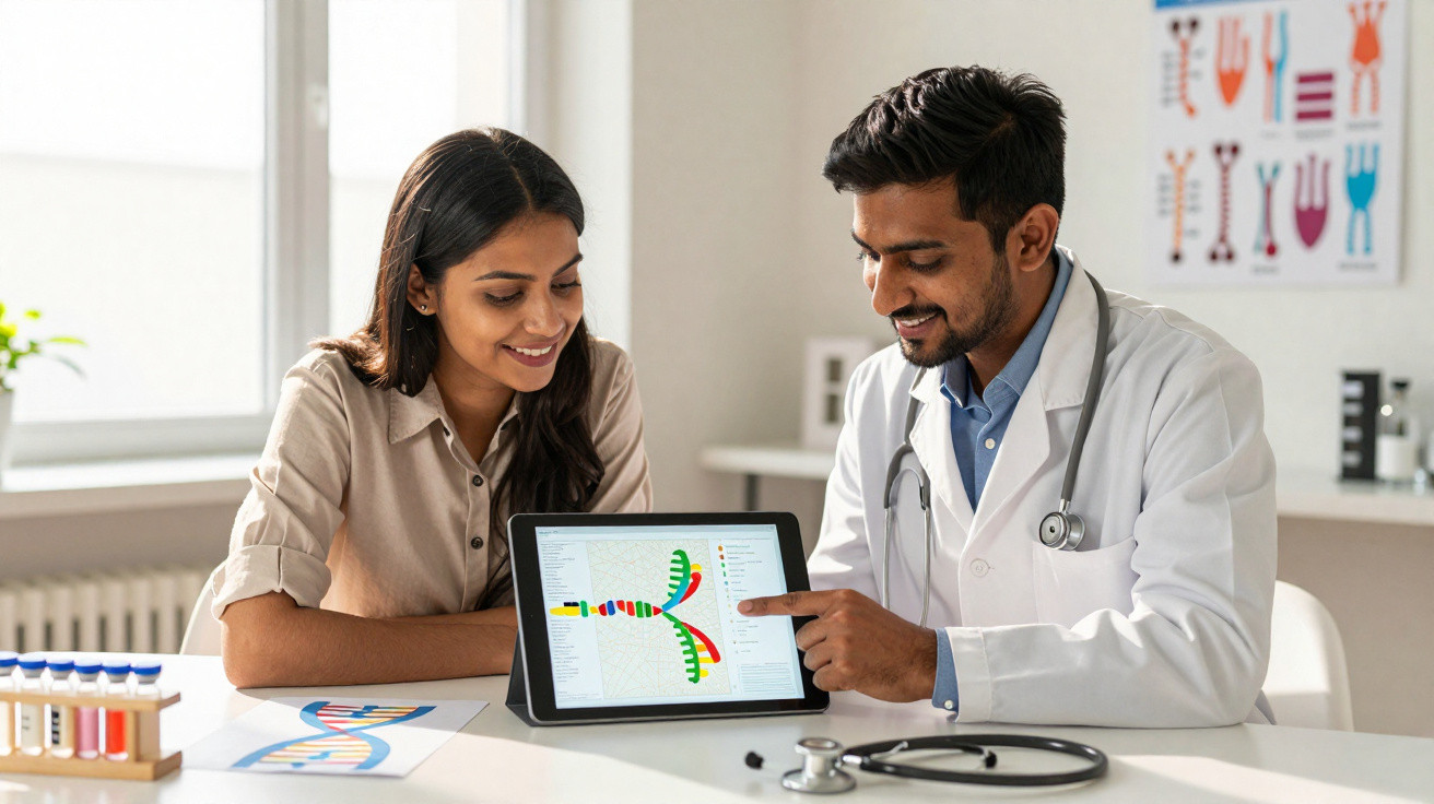 Médico mostra análise genética em tablet a paciente sorridente numa consulta num consultório médico.