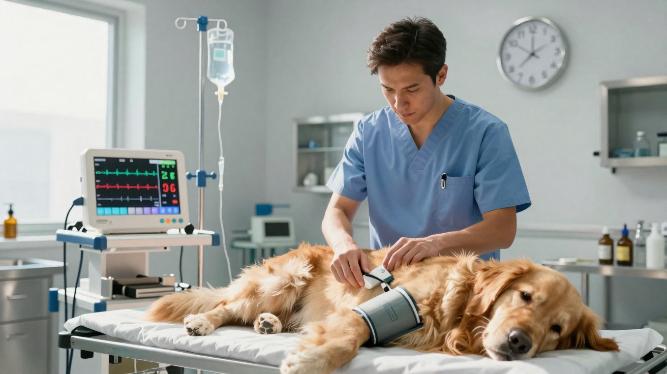 Veterinário em uniforme azul a medir a pressão arterial de um cão golden retriever num consultório clínico.