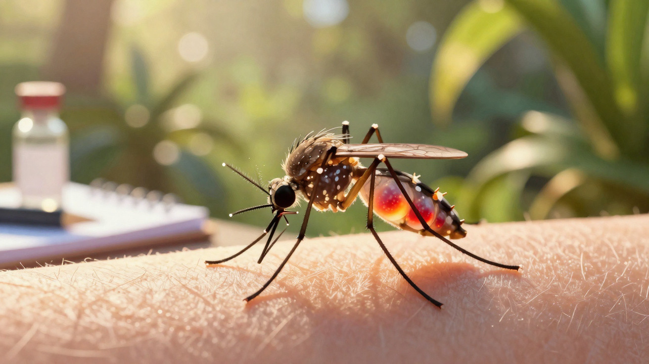 Mosquito Aedes aegypti a sugar sangue humano, destacado em fundo desfocado com luz natural.