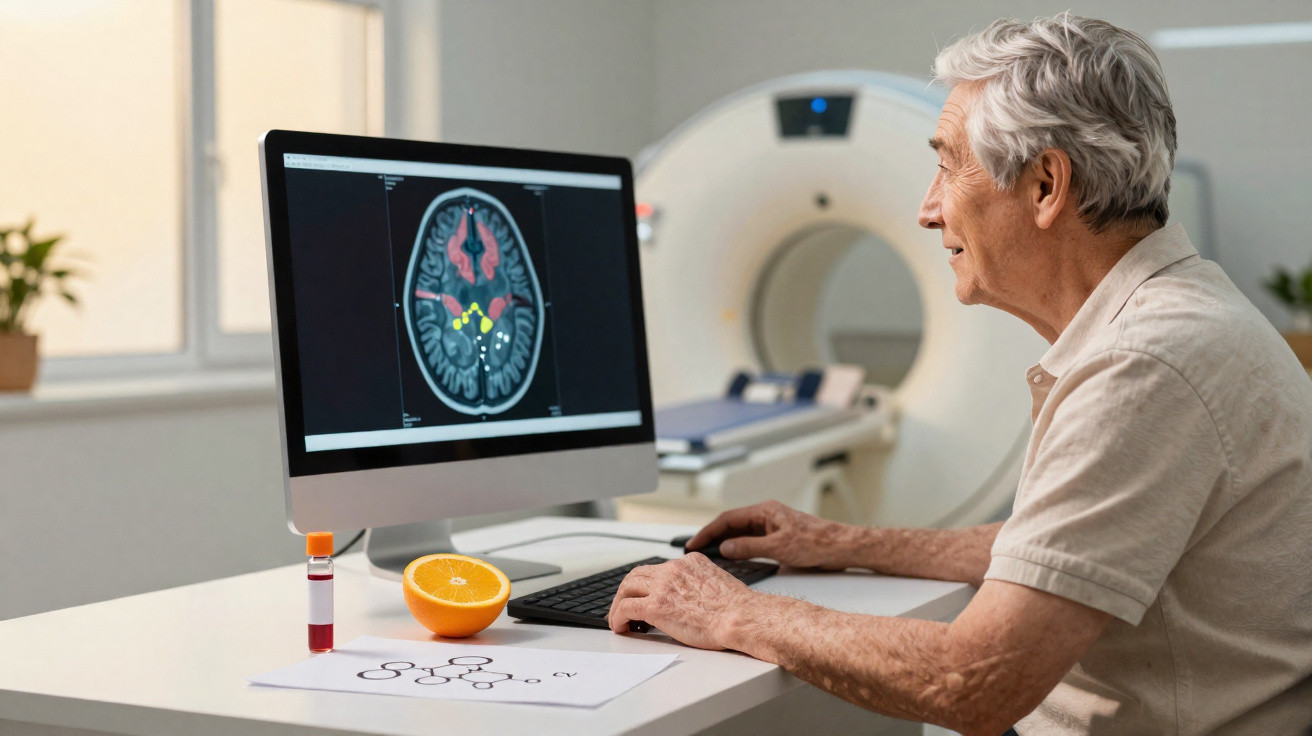 Idoso analisa imagem de ressonância magnética cerebral num computador em ambiente clínico.