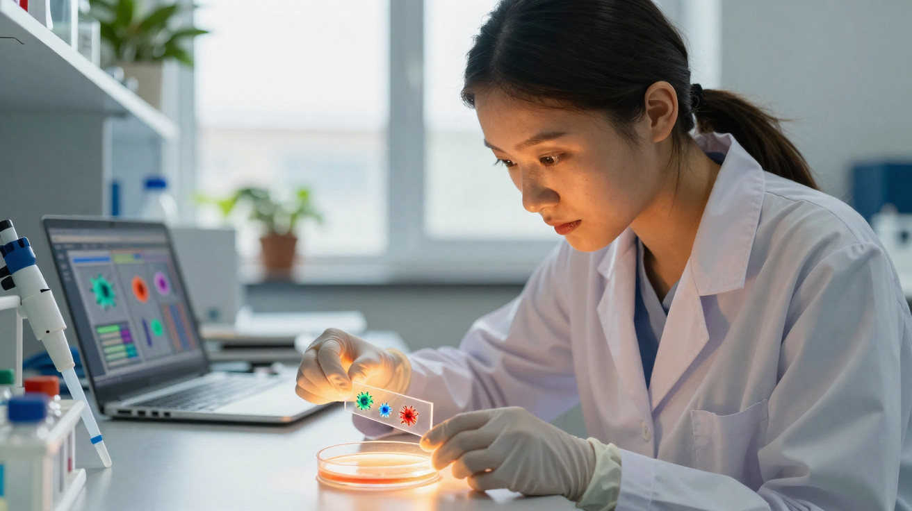 Cientista em laboratório a analisar lâmina com vírus coloridos, com microscópio e portátil ao fundo.